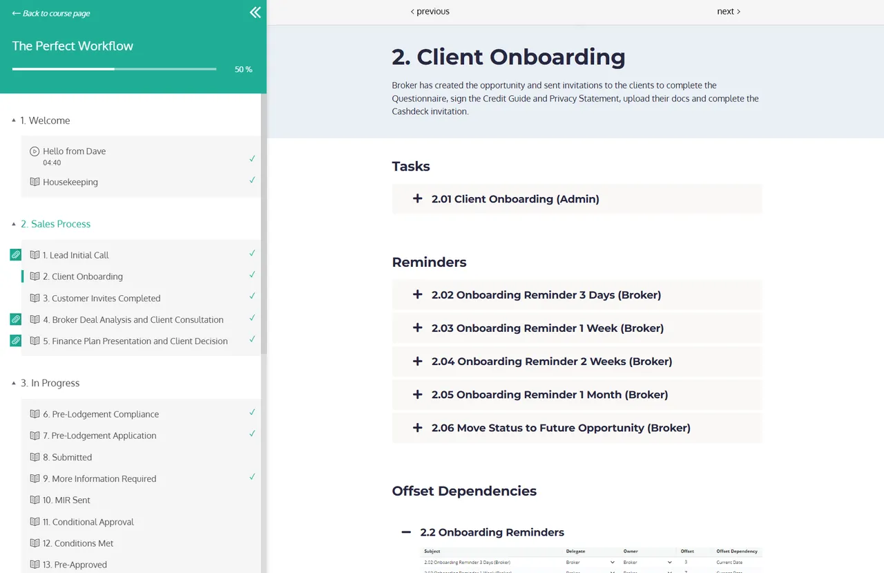 The Perfect Workflow program: the Client Onboarding stage with its tasks and reminders