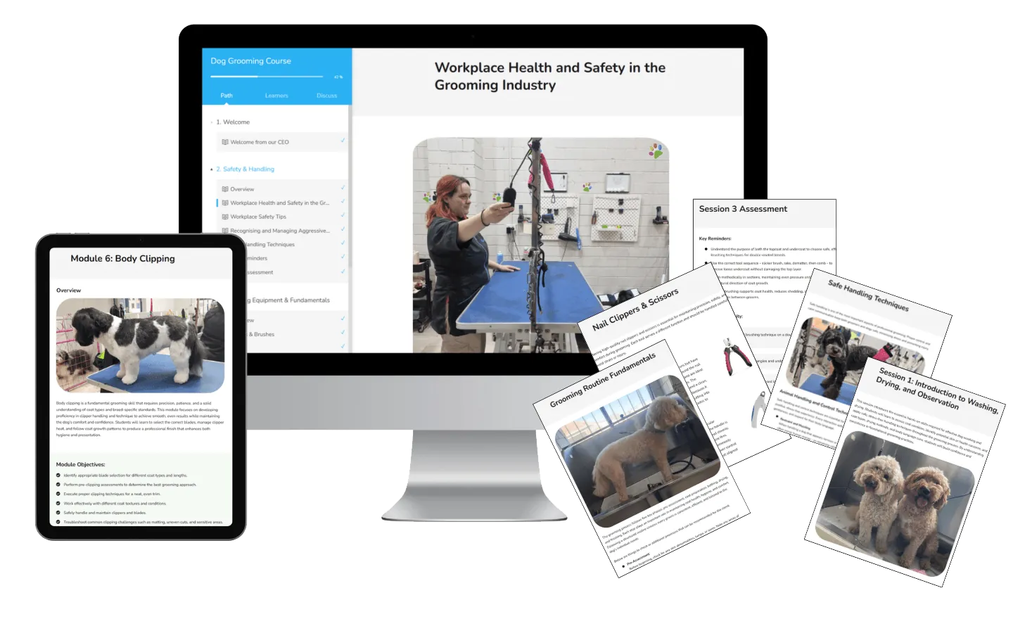 The Canine Professional Institute course shown on a desktop, a tablet and printed handouts
