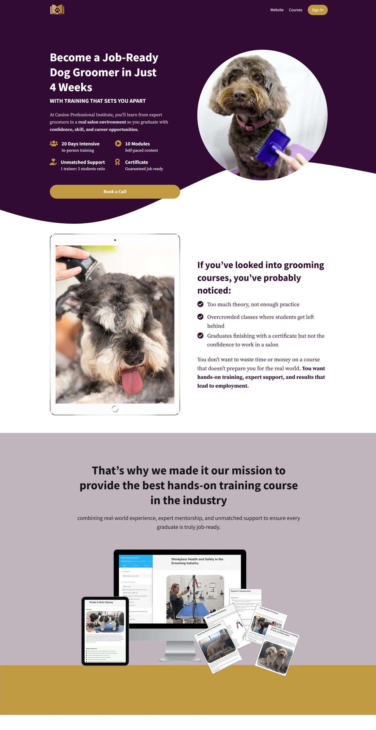 Canine Professional Institute sales page: become a job-ready dog groomer in four weeks