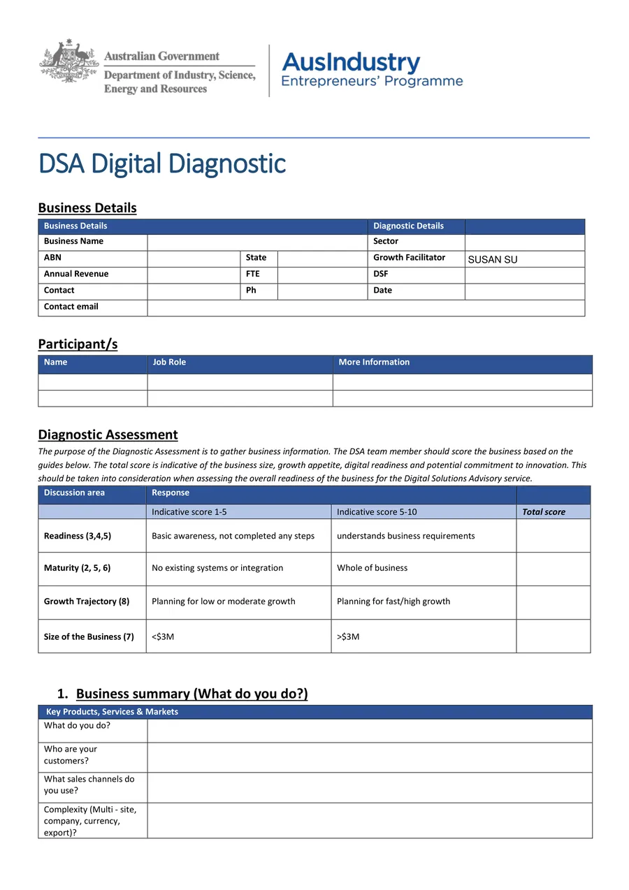 The DSA digital diagnostic, first page