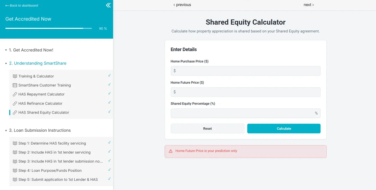 HAS Shared Equity Academy: the shared equity calculator inside the course