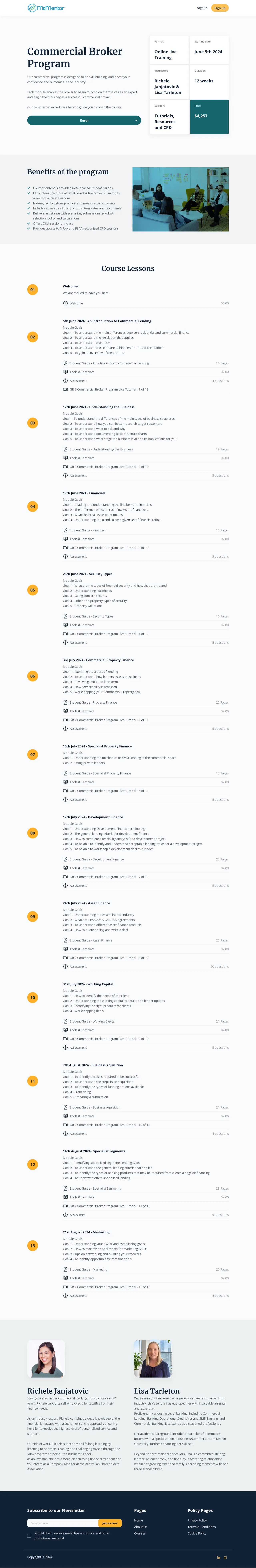 MrMentor Commercial Broker Program sales page: format, benefits, 13 modules and the two instructors