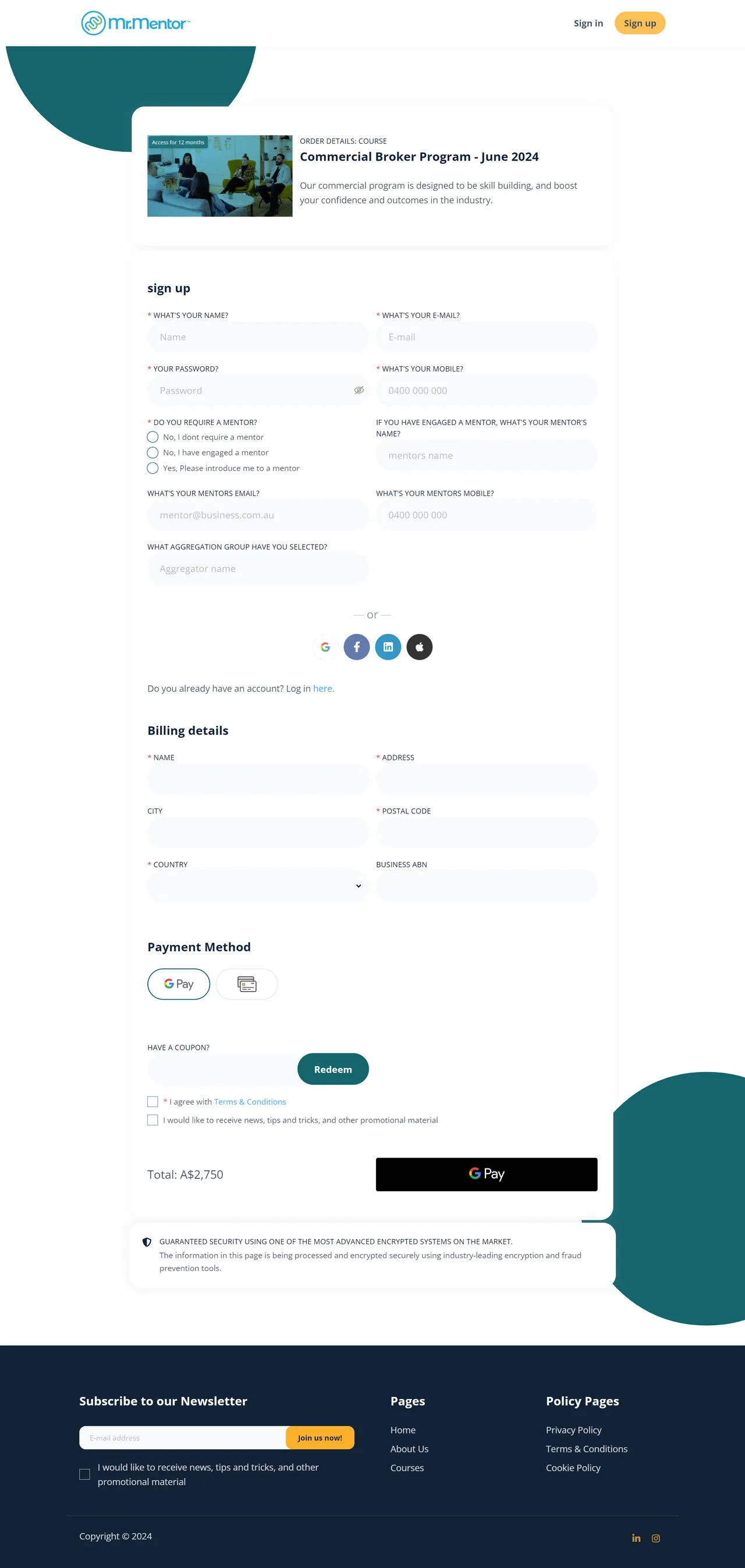 MrMentor enrolment page: sign-up, mentor details, billing and payment in one form