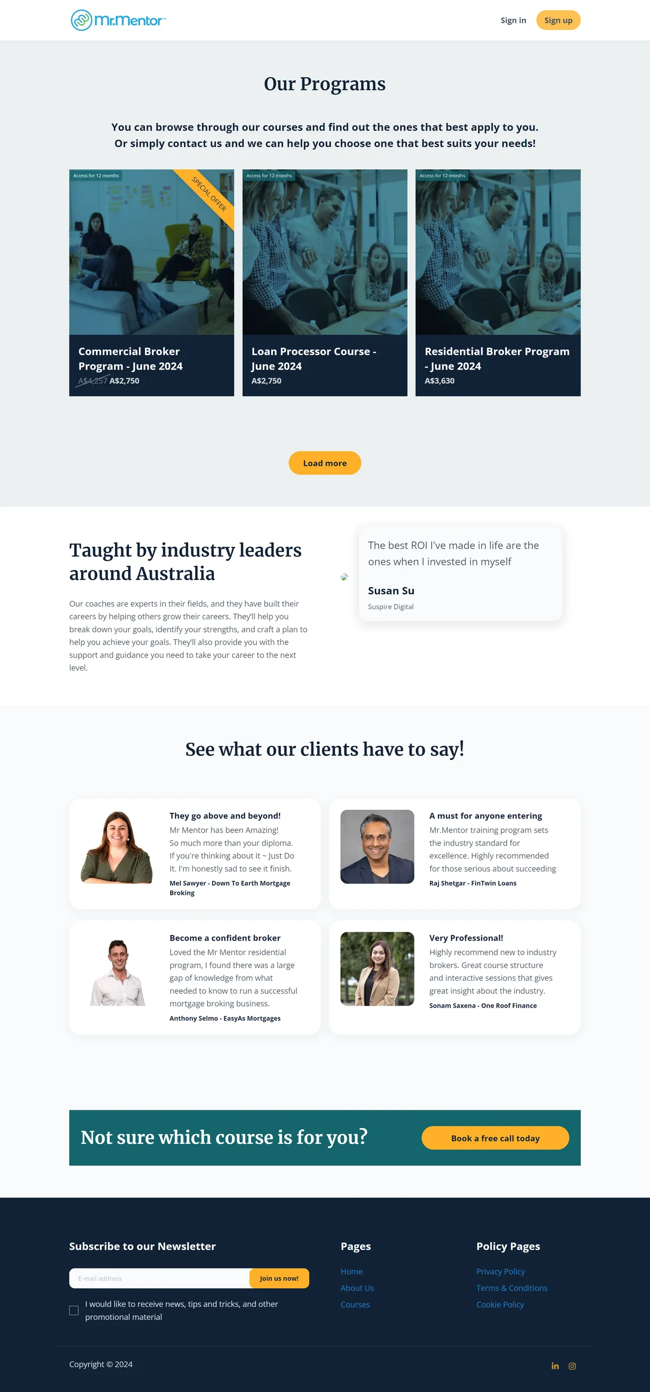 MrMentor programs page: three courses, a coach testimonial and client reviews