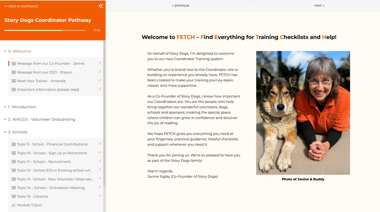 Story Dogs Coordinator Pathway: the co-founder's welcome to FETCH, the training system