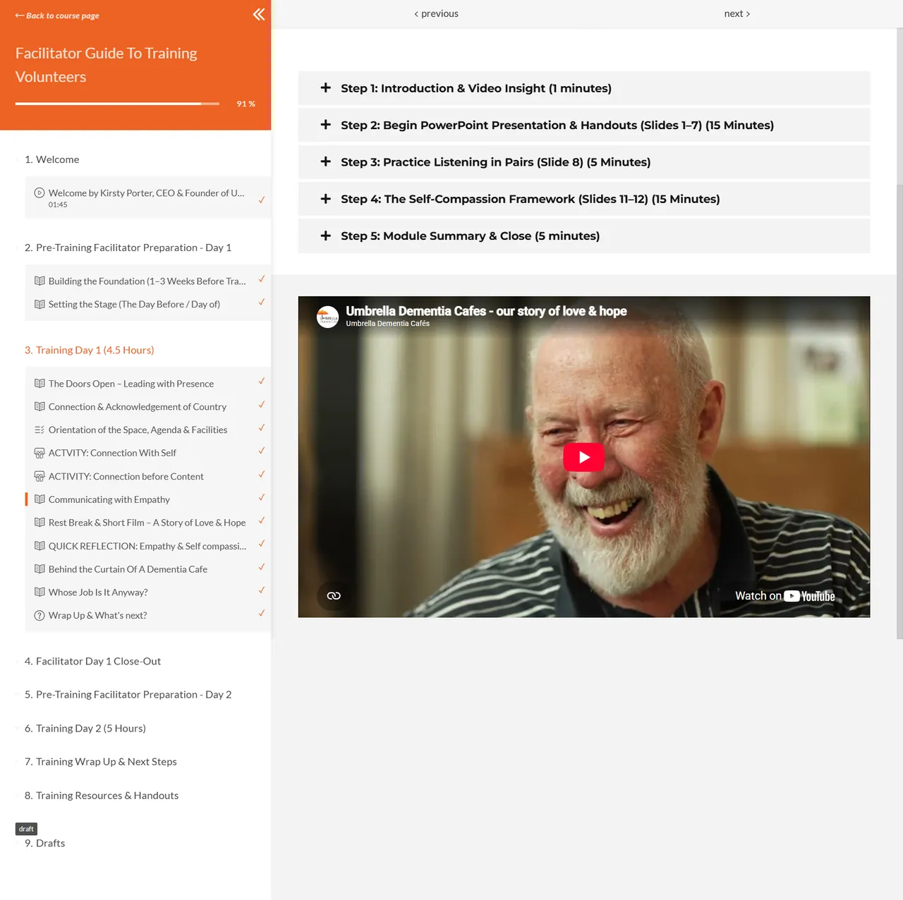 Umbrella Dementia Cafes facilitator guide: the training steps beside Kirsty's story video