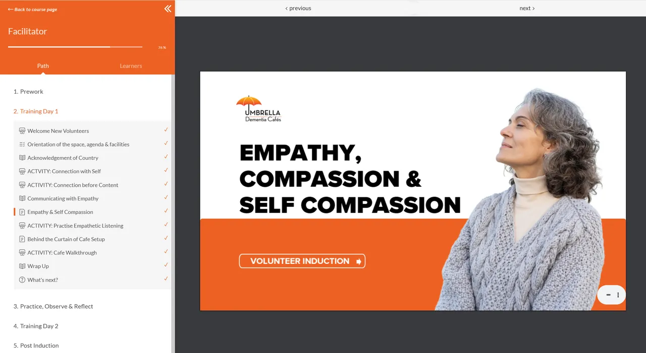 Umbrella Dementia Cafes facilitator path: the Empathy, Compassion and Self Compassion volunteer induction