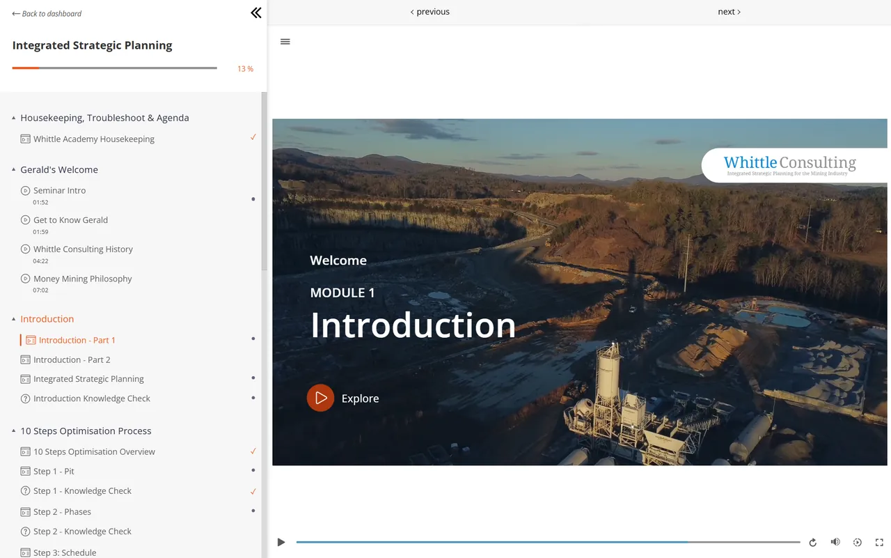 Whittle Consulting course: the Module 1 introduction screen beside the course menu